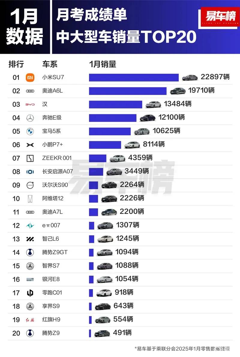 2025年1月各级别轿车销量TOP20

中大型车销量前3名分别为：小米SU7、