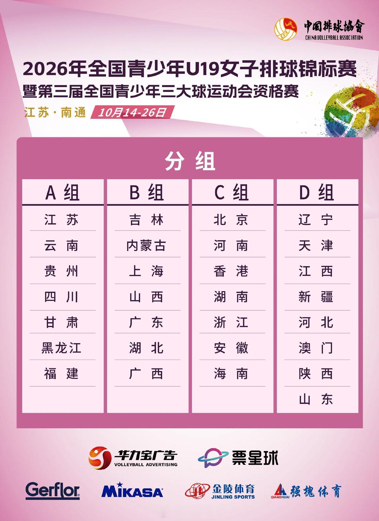 【U19女排全锦赛】小组赛赛程:

        10月12日下午，中国排协官