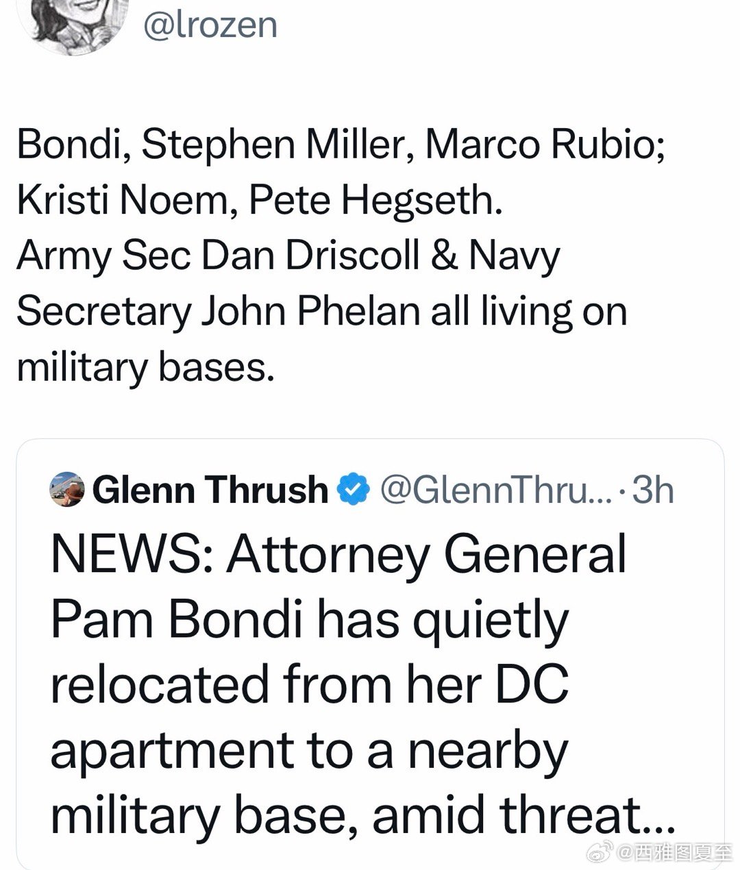 司法部长，因为“Epstein档案的处理”等原因，收到很多威胁，现在已搬到军事基