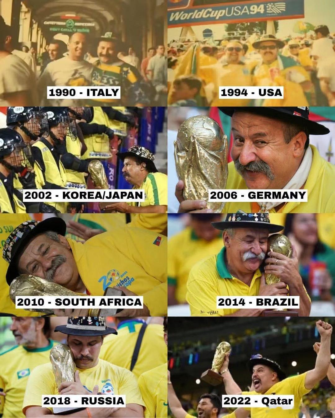 2014年世界杯，巴西1:7惨败德国。 镜头里，一位老人抱着世界杯大力神杯的复制