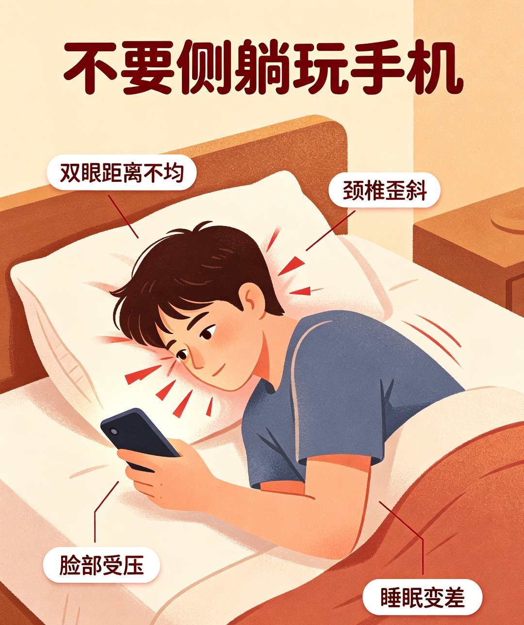 千万不要侧躺玩手机千万不要侧躺玩手机，对身体伤害多重。侧卧时双眼距屏幕距离不一，