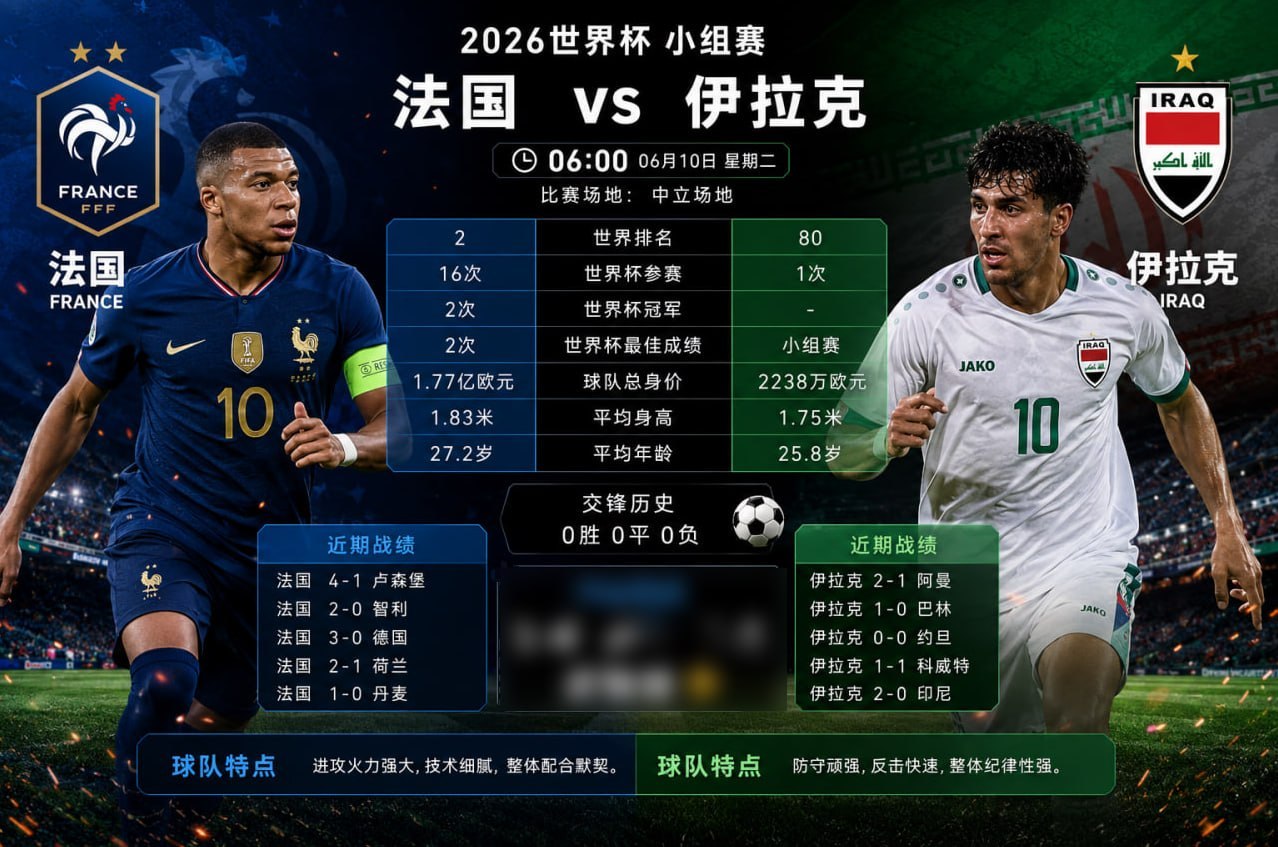 法国 VS 伊拉克世界杯05:00开球：法国让胜：法国-2.5/3∠球：大9.5