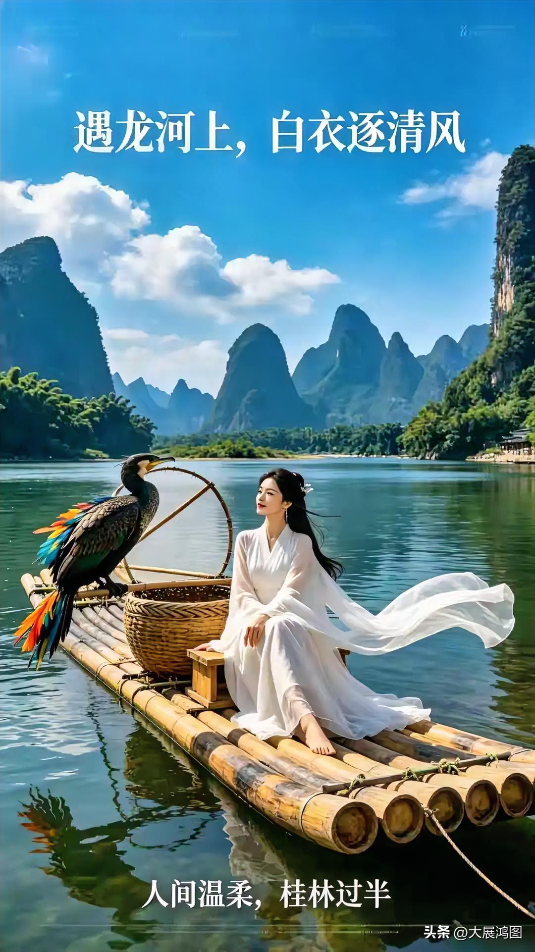 在桂林遇龙河上，白衣少女与孔雀共舞，人间温柔，如梦如画。