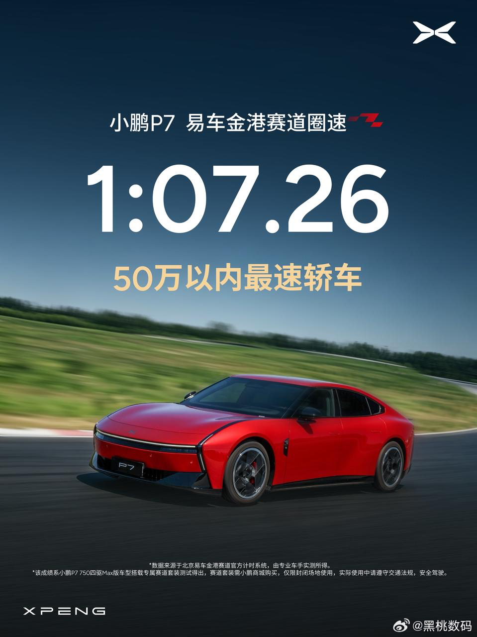 小鹏P7在易车金港赛道跑出1分7秒26，拿下50万以内最速轿车，跻身原厂车圈速榜