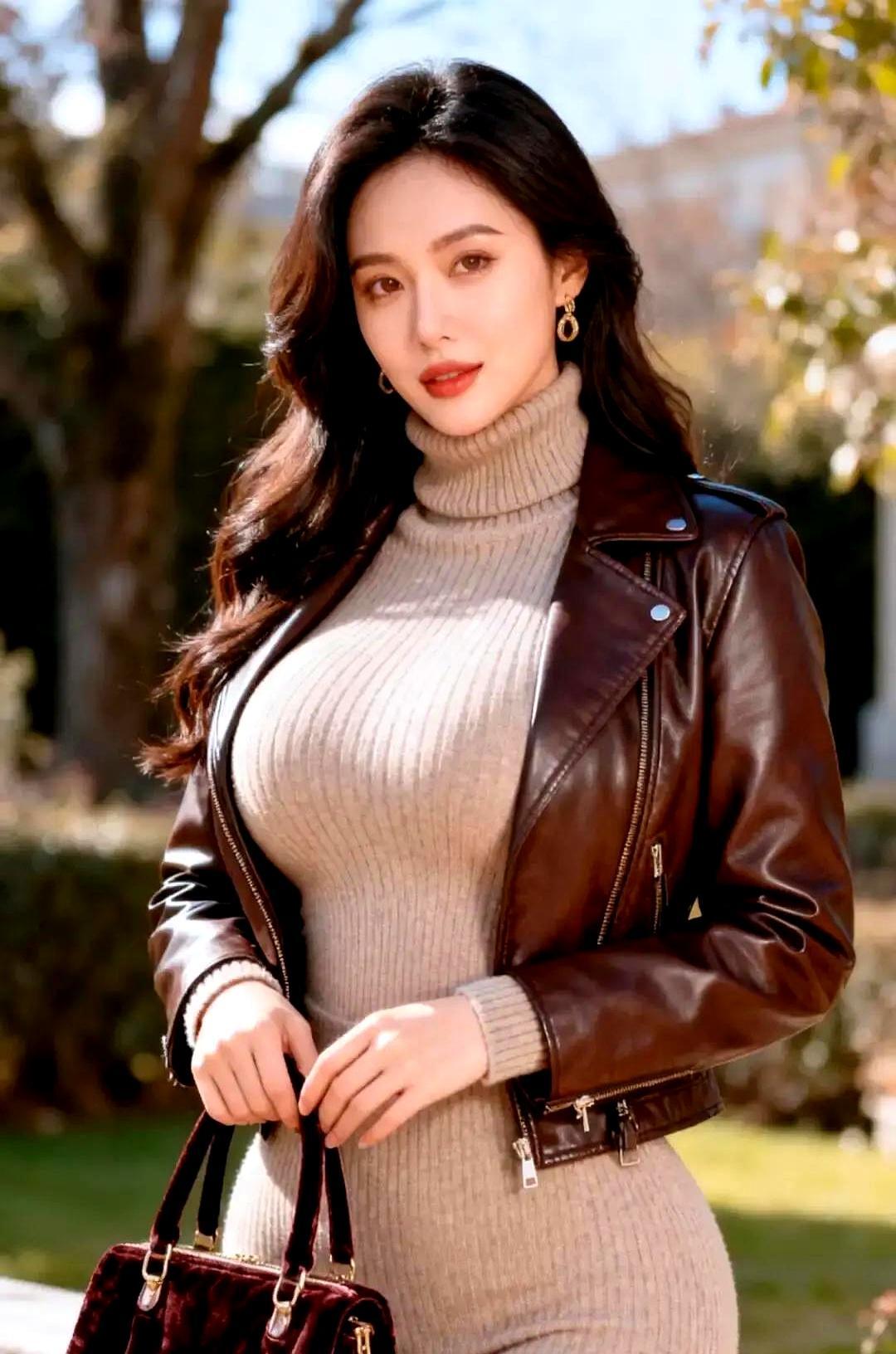 天冷了，别翻花里胡哨的套路。一招就够：高领毛衣塞棕色皮衣里，软碰硬，暖撞飒。
 