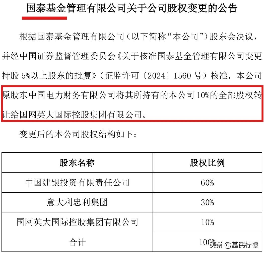 国泰基金原股东中国电力财务有限公司将其10%股权转让给国网英大国际控股集团有限公