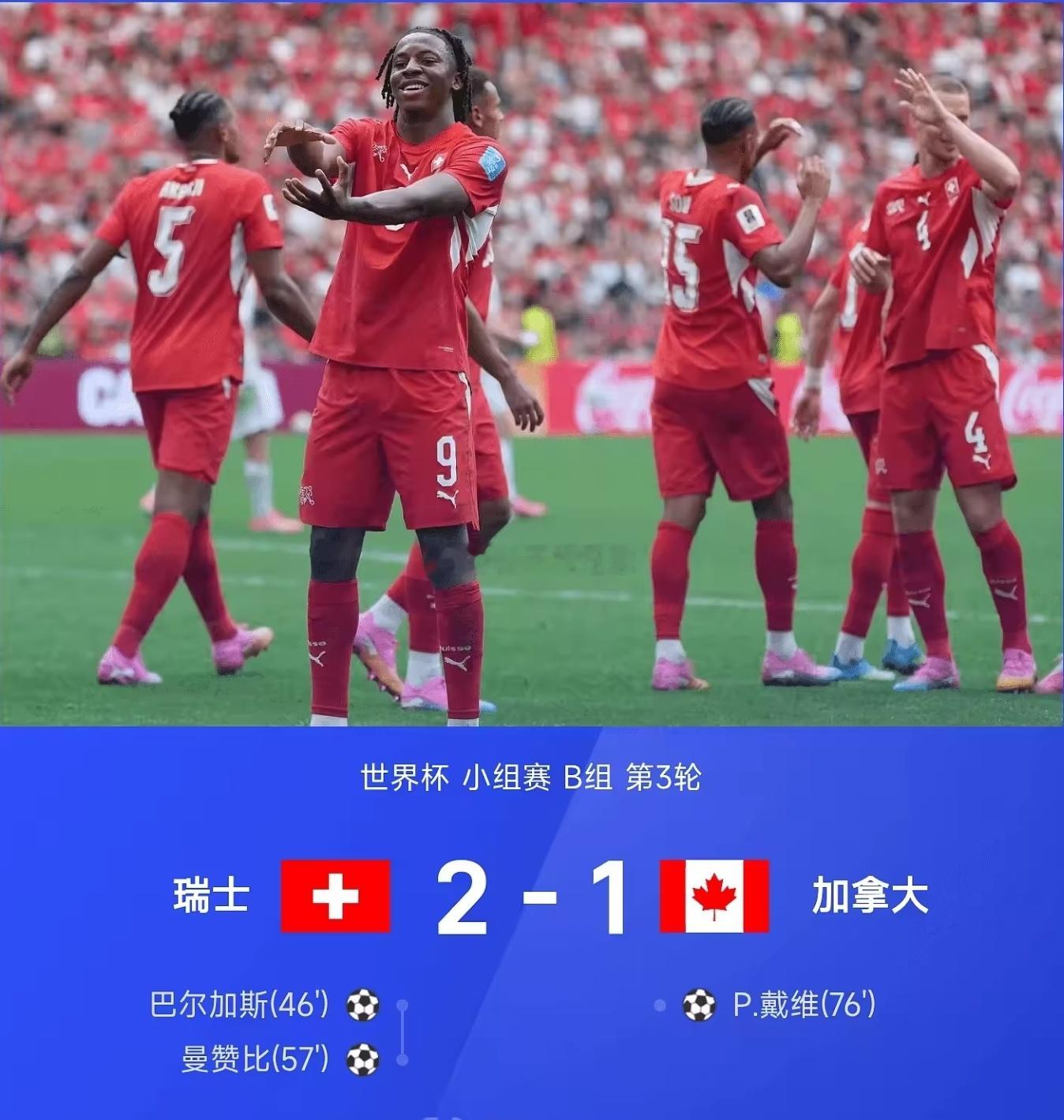 瑞士2比1加拿大 头名出线！曼赞比传射封神，巴尔加斯46分钟闪击破门，恩博洛助攻