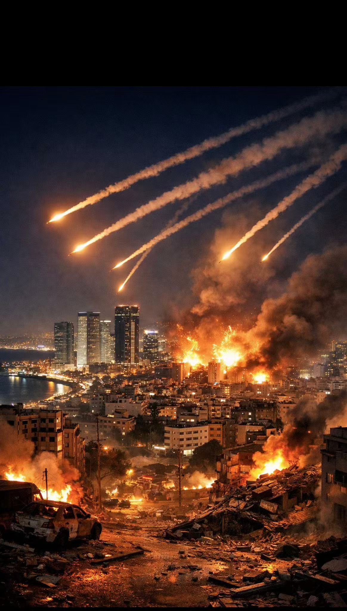 土耳其网友为以色列做的海报，展示以色列城市被伊朗导弹攻击的场景。伊朗导弹击中美第