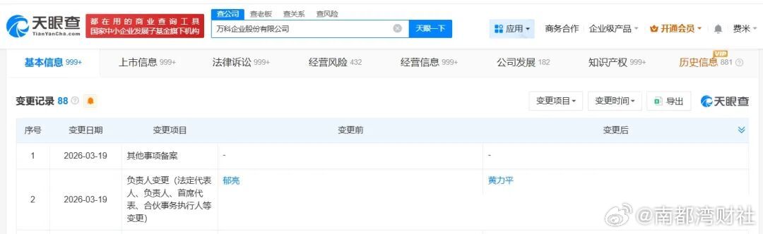 【#郁亮已卸任万科法定代表人#，黄力平接任】天眼查App显示，近日，万科企业股份