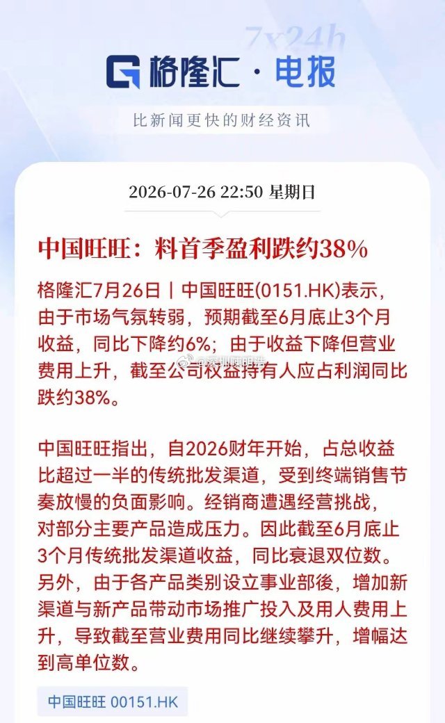 周末最大利空出炉！老登这下“慌了”！旺旺首季利润崩跌38%，传统渠道失守，费用膨