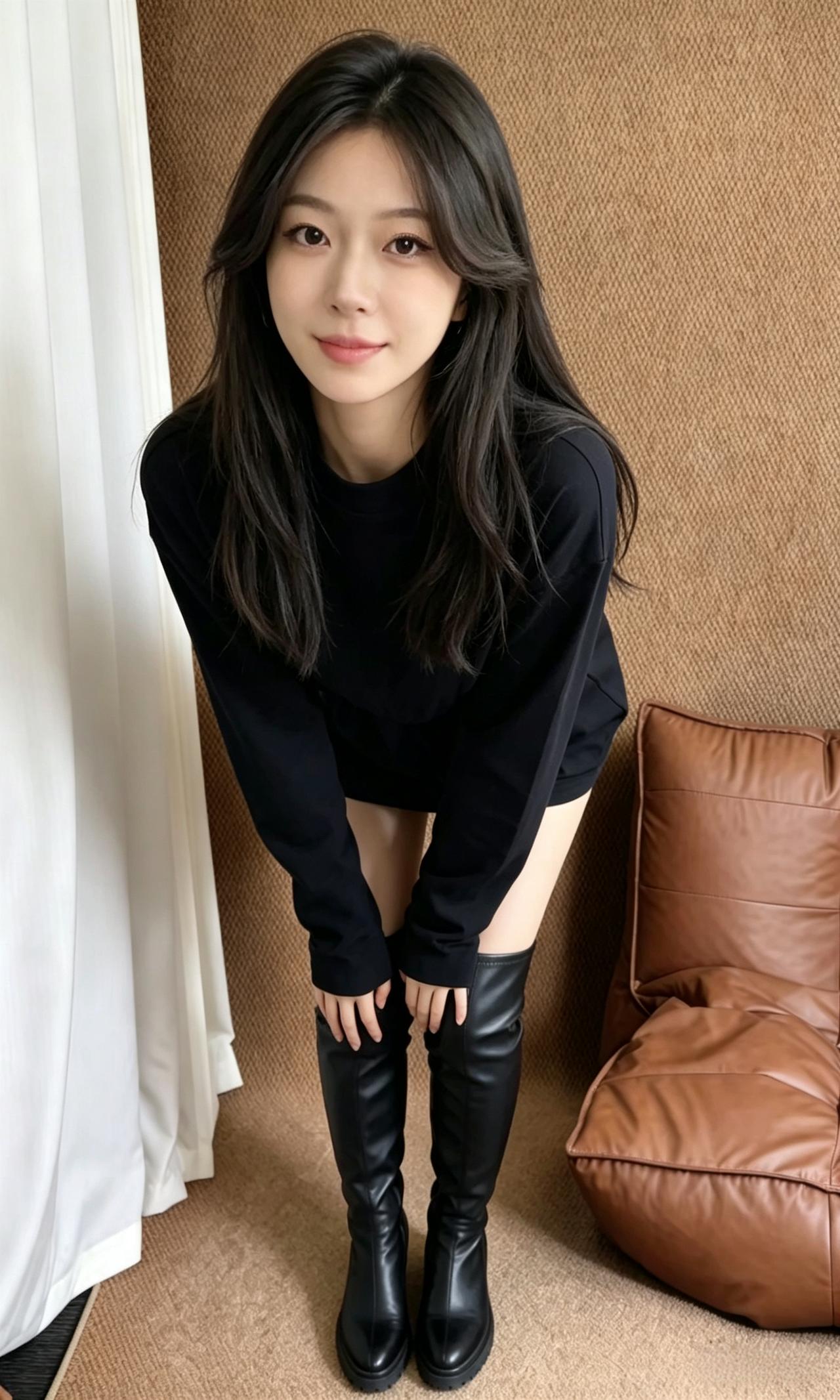 黑发垂肩掩娇羞，明眸含笑意难收。
一身清简风华里，漫惹春光满小楼。
靴衬纤姿添飒