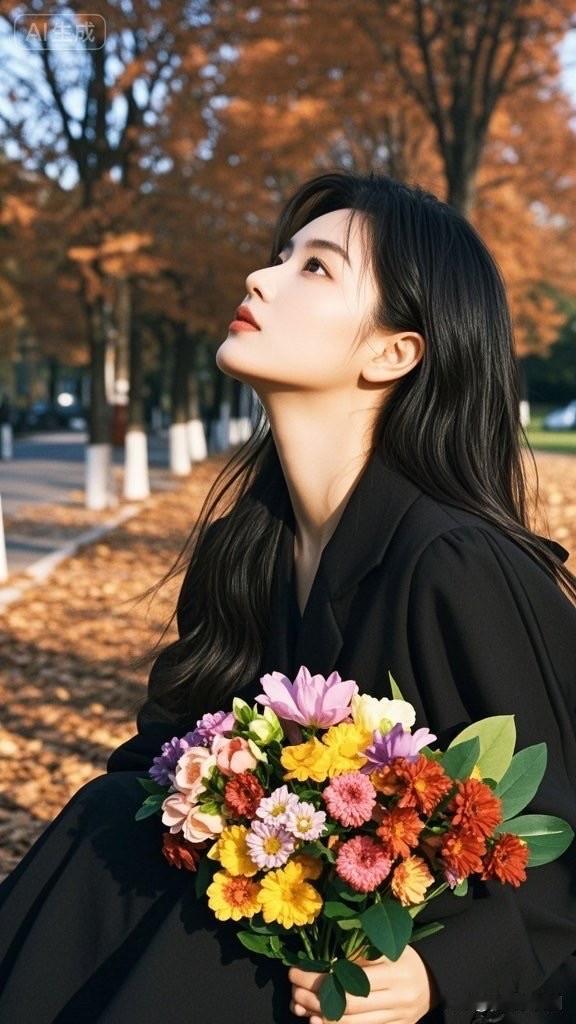 秋日暖阳下，温柔女子手捧鲜花，静享美好时光。