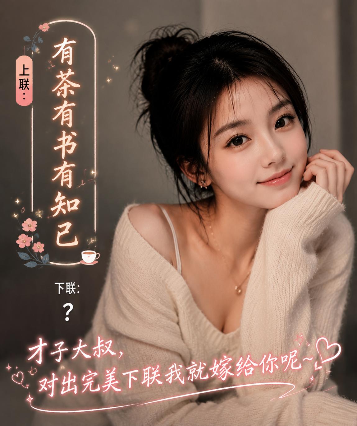 美女比文招亲，以你的文采能对出完美下联吗？
上联：有茶有书有知己
下联：
