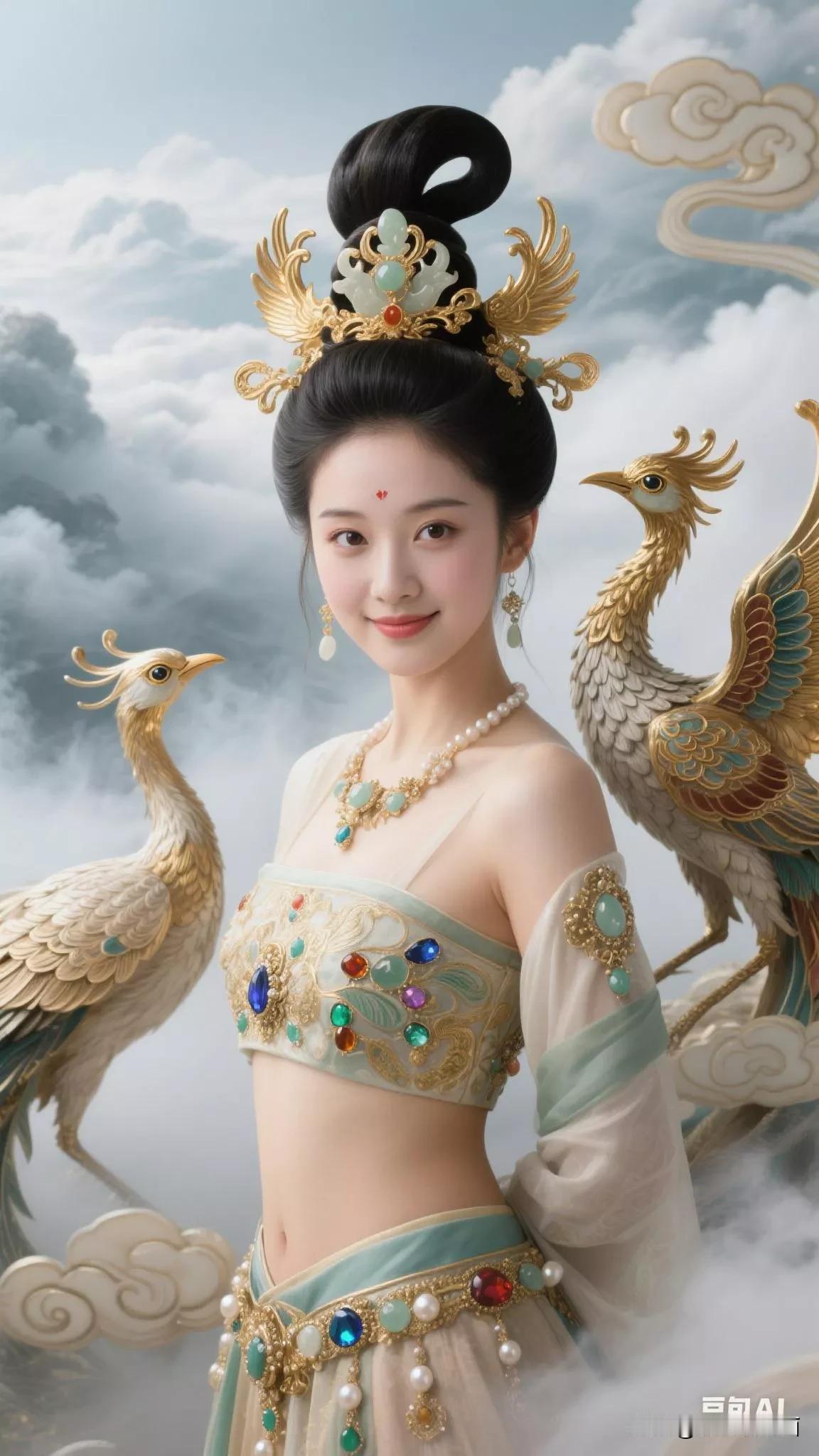 仙气飘飘的古典美人，孔雀相伴，美轮美奂！张立启原创书画AI作品古仕女发髻集锦首发