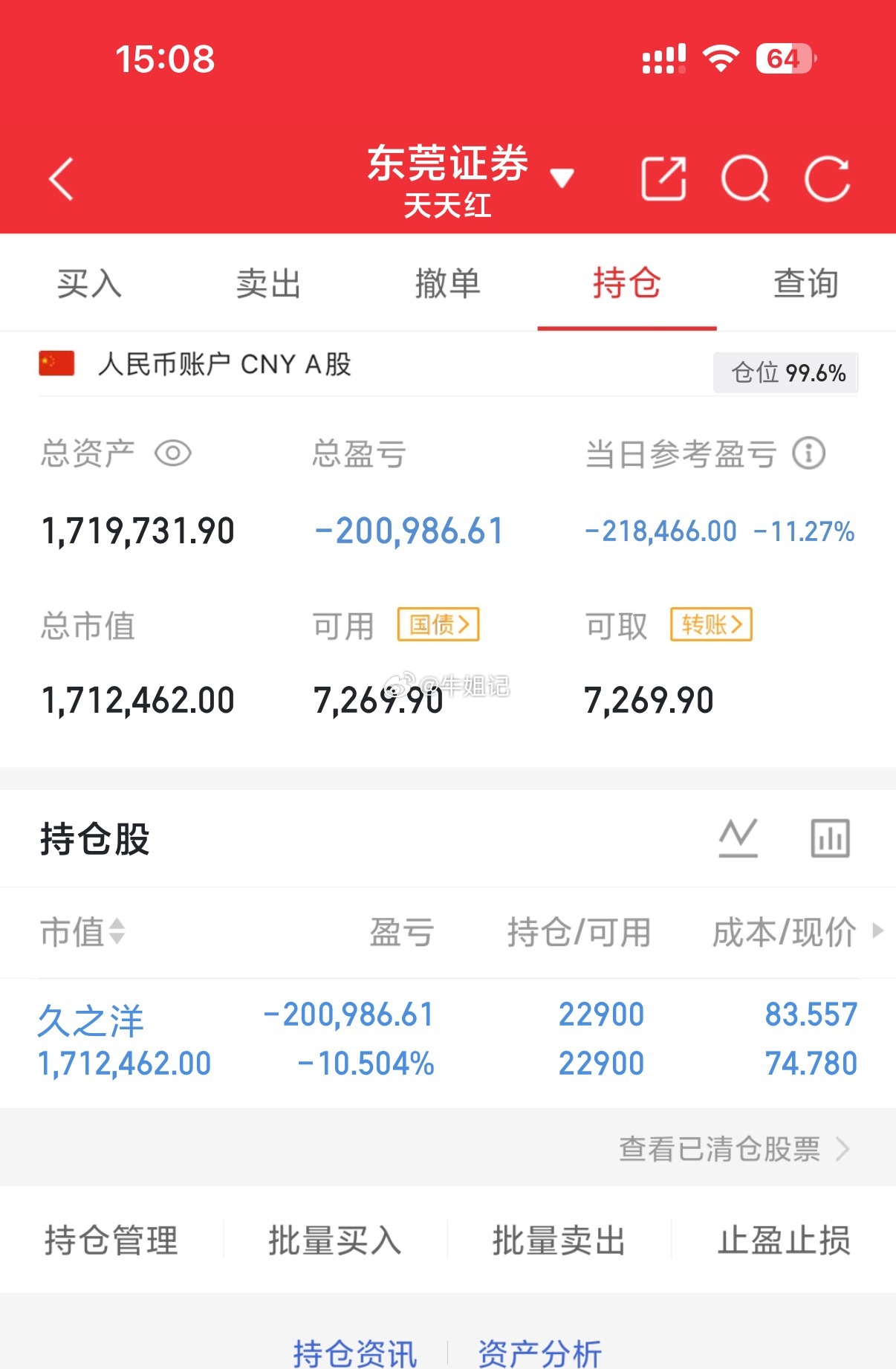 100w本金记录到300w（第173天)今日持仓票：久之y今日总资产：171w 