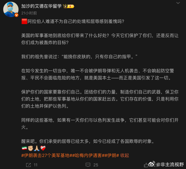 加沙的艾德向整个阿拉伯世界发出了怒吼，指责他们亲美国，指责他们让美军部署军事基地