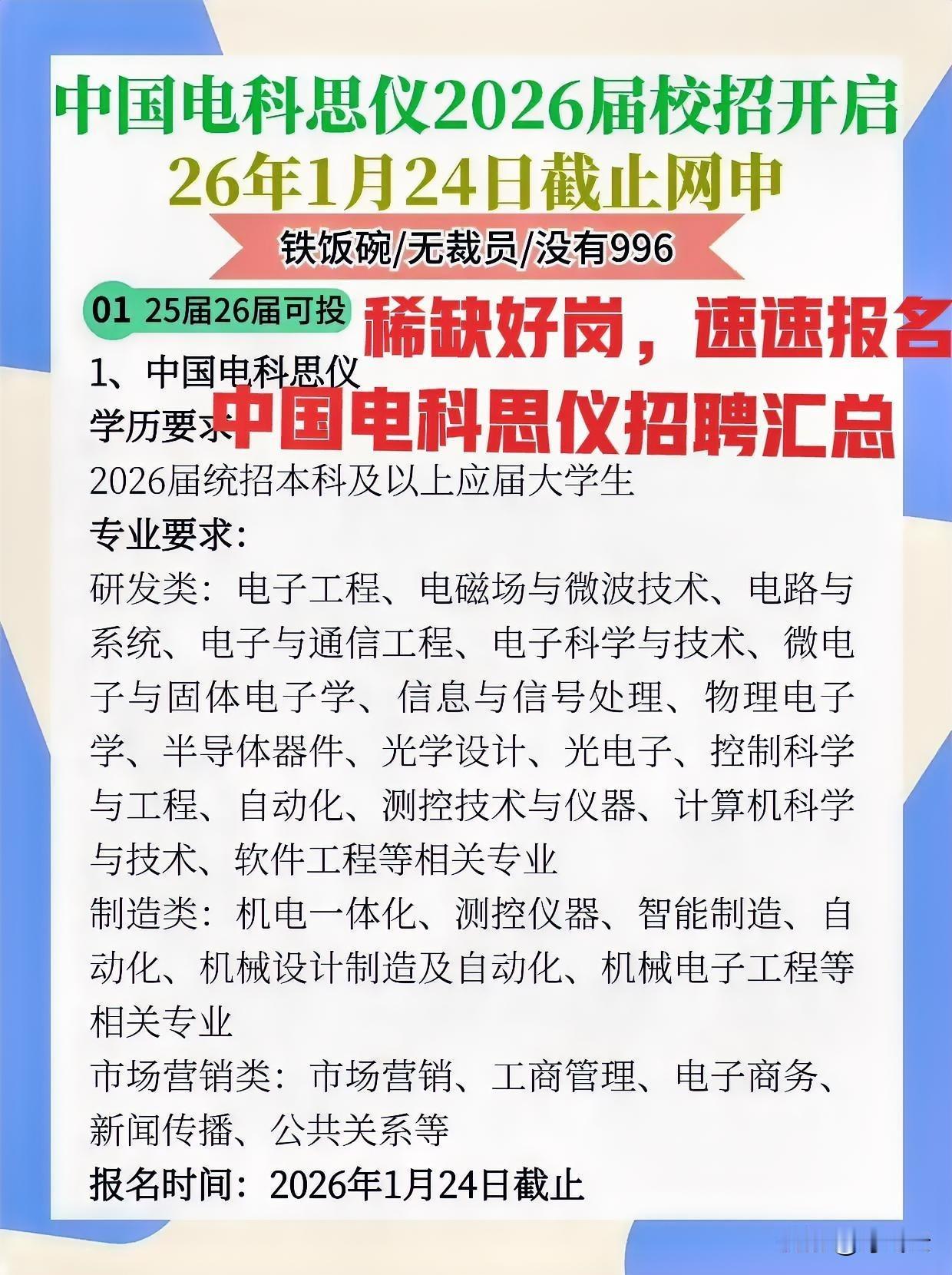 招聘100人！中国电科思仪公司26年最新招聘要求汇总合集！一图概览，稀缺好岗位来