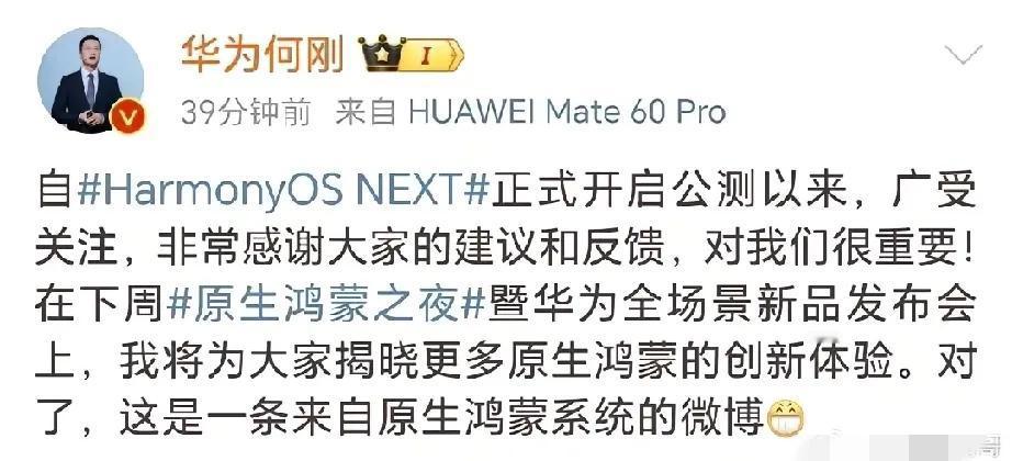 华为余承东、何刚都给发文原生鸿蒙预热，知道大家都在提建议和进度。

余承东说：最
