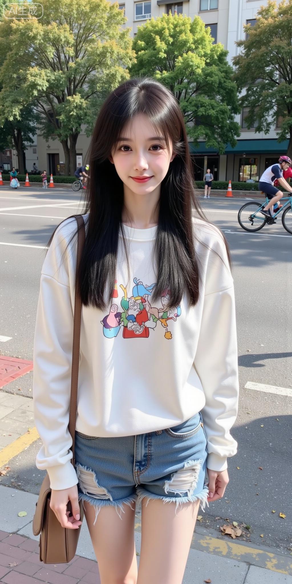 街头元气甜妹的松弛感穿搭
 
奶白卡通卫衣搭破洞牛仔，甜酷感刚好踩在审美上~长发