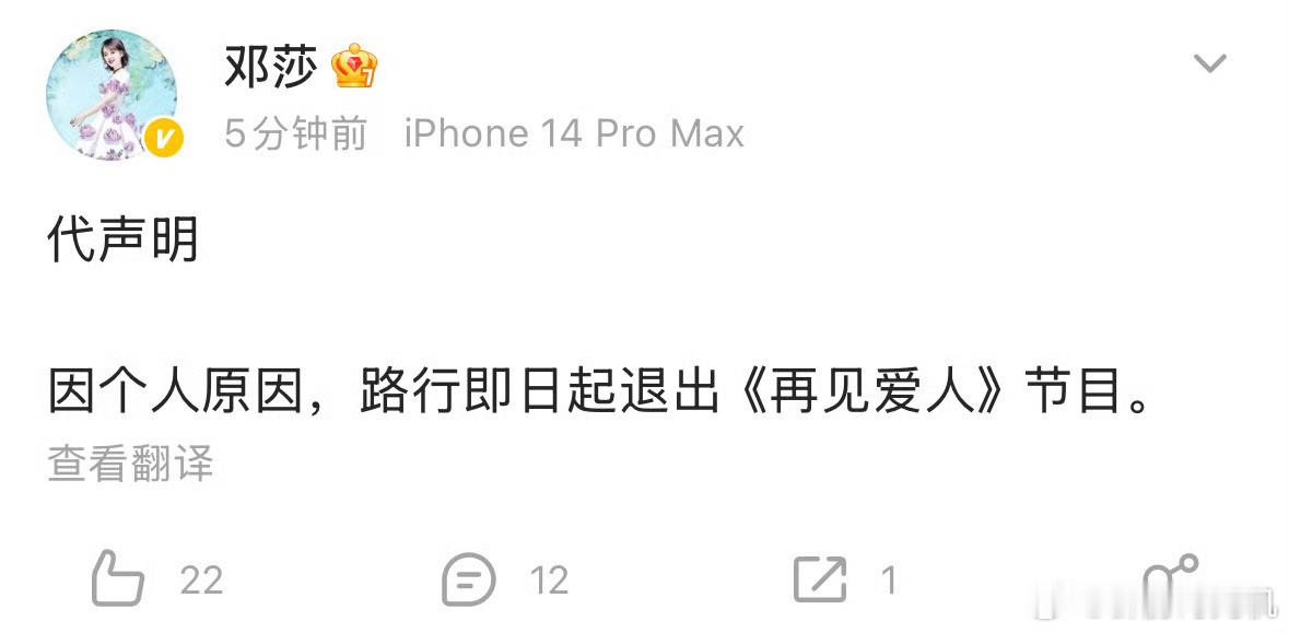 邓莎代声明：因个人原因，路行即日起退出《再见爱人》节目 ​​​