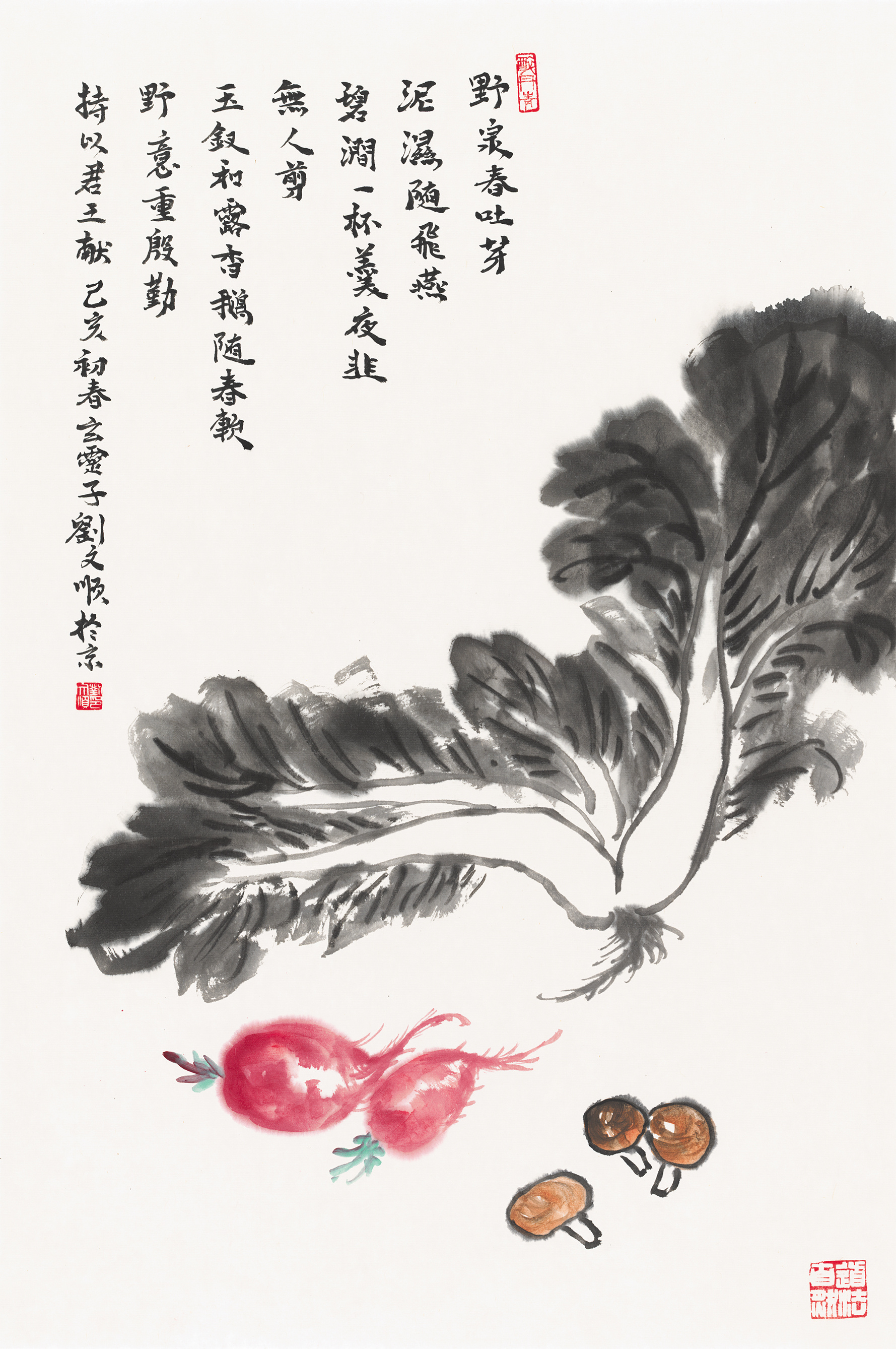 中国美术家协会会员刘文顺老师以水墨绘就白菜与萝卜小品挂轴，暗合道家「道法自然」之
