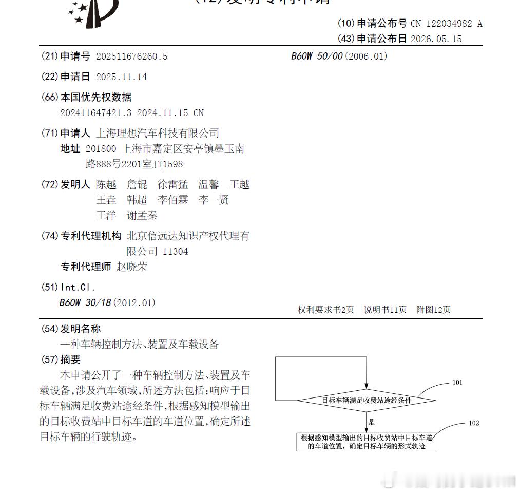 技术巡猎 理想汽车 一种车辆控制方法、装置及车载设备---收费站这个场景，看着不