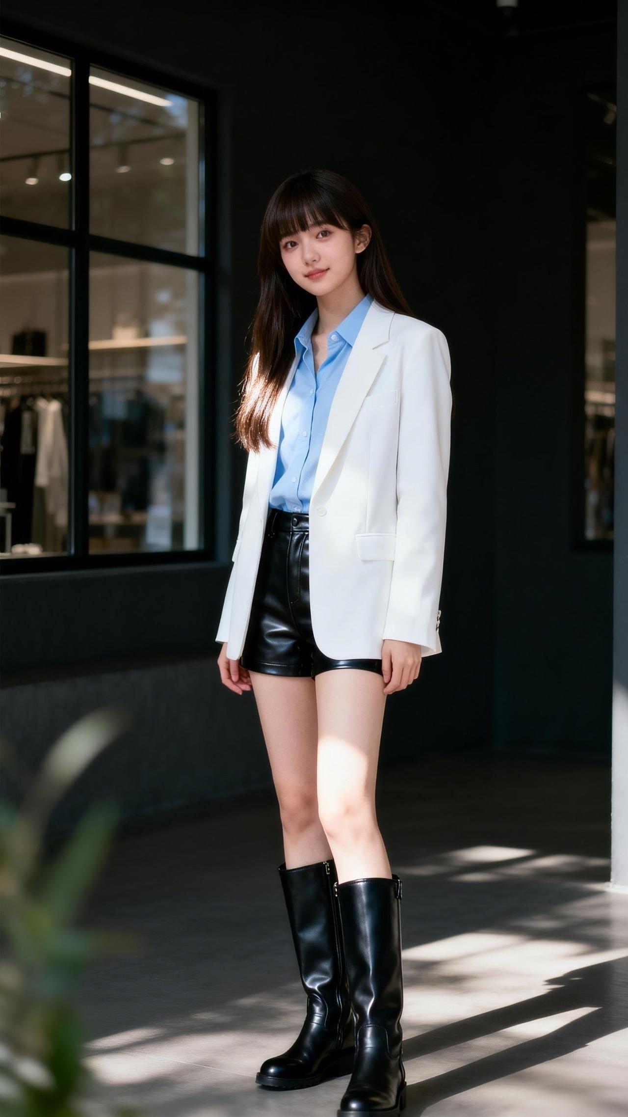 都市时尚少女穿搭指南，白色西装外套+黑色短裤+高筒靴，简约又帅气！👠💃怎样穿