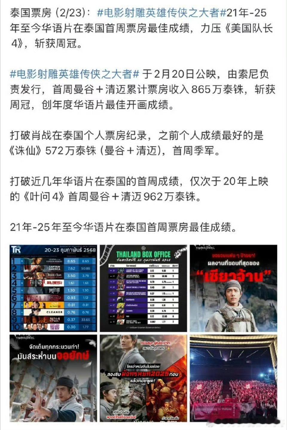 肖战射雕英雄传侠之大者在泰国的票房破华语片20-25年在泰最好首周成绩 