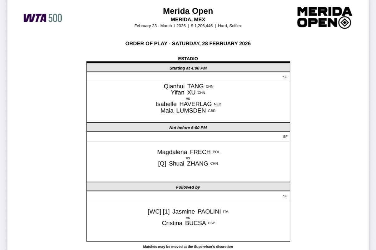周六赛程📅两站巡回赛半决赛开打，以下安排均为北京时间👇📍WTA500梅里达