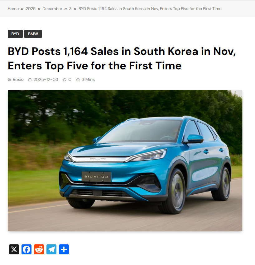 比亚迪首次进入韩国汽车销量前五名 2025 年 11 月，比亚迪在韩国卖了 1,