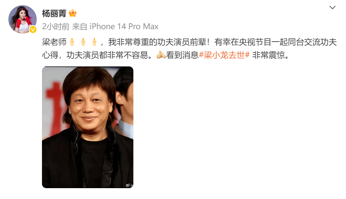 【#功夫女星杨丽菁悼念梁小龙#：很震惊，他是一代人的榜样】著名功夫影星梁小龙，于