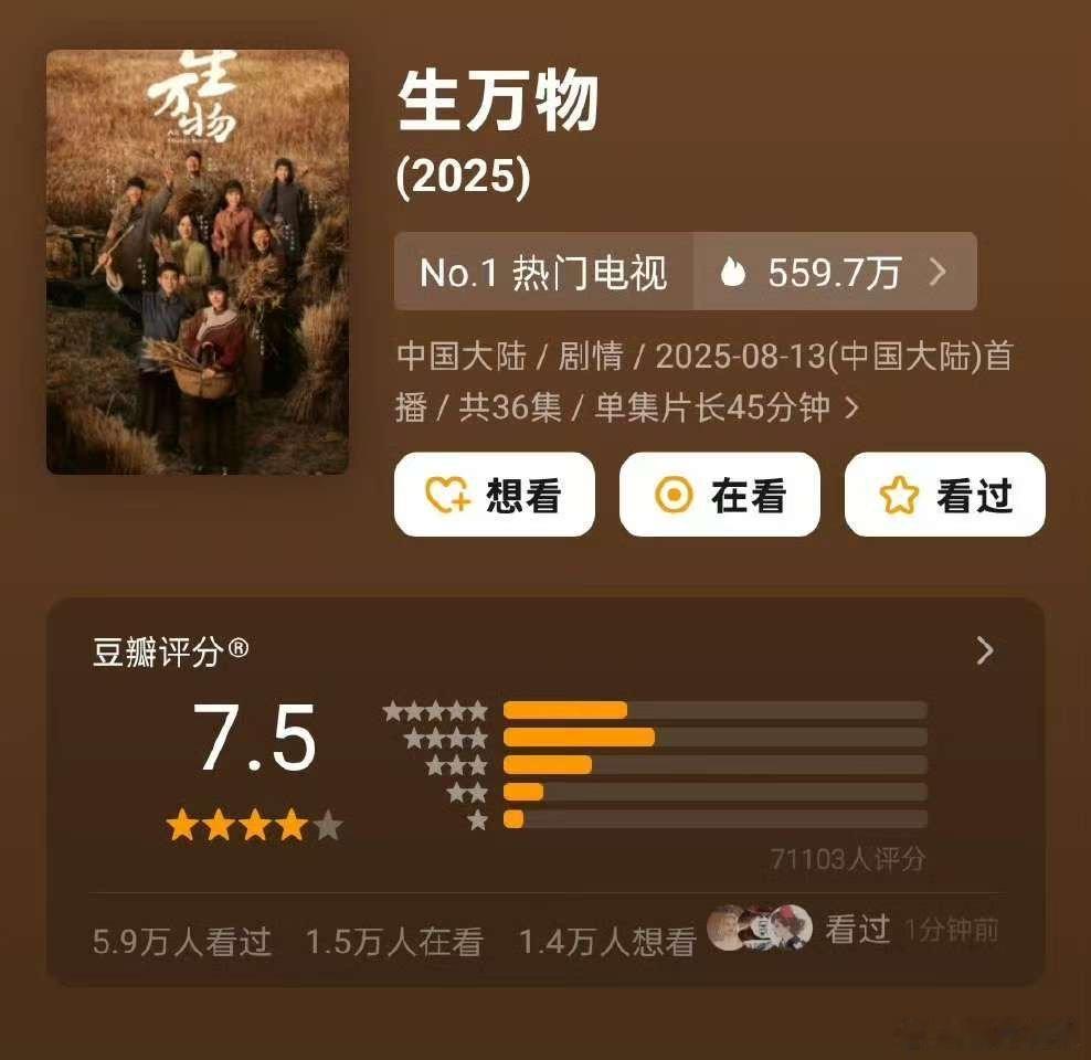 生万物豆瓣开分7.5杨幂生万物豆瓣开分7.5 看到《生万物》开分7.5，一点不意