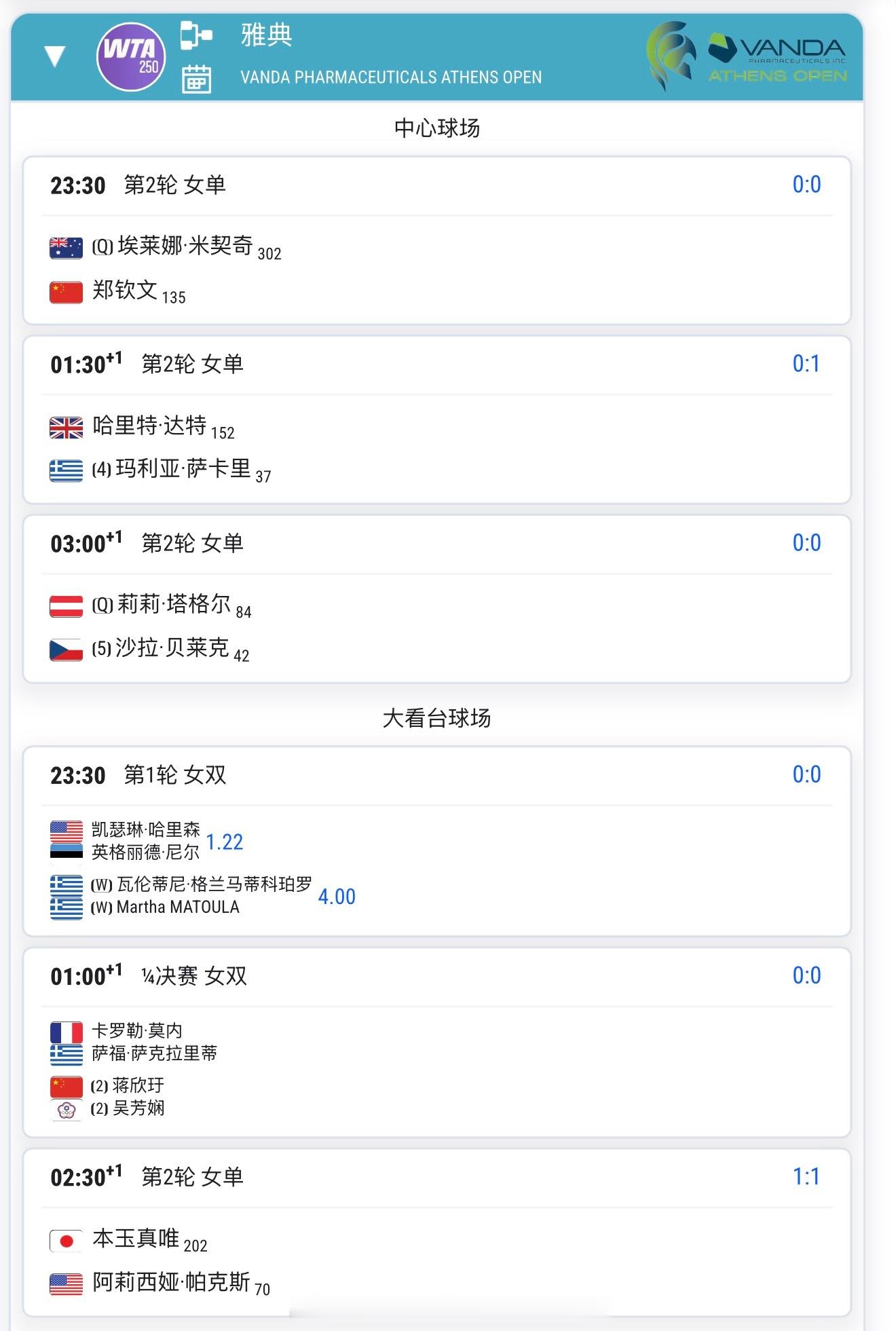 【20260715 比赛赛程+直播赛程】22：30郑钦文vs米契奇 （图片上时间