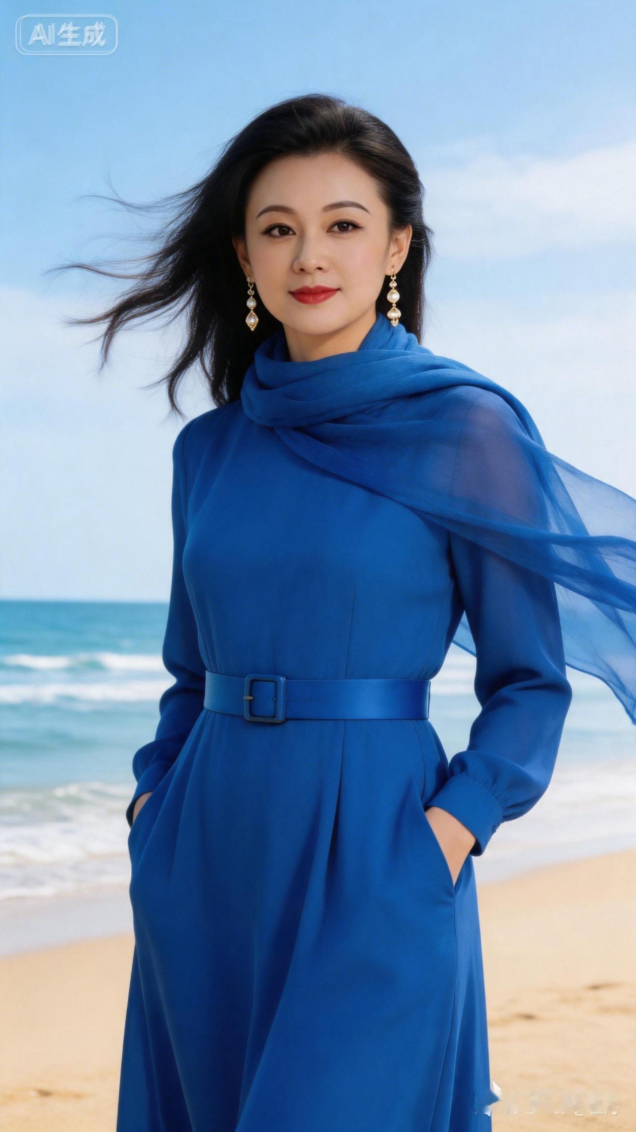 海边漫步，蓝色优雅，随风飘逸，尽显女性魅力。