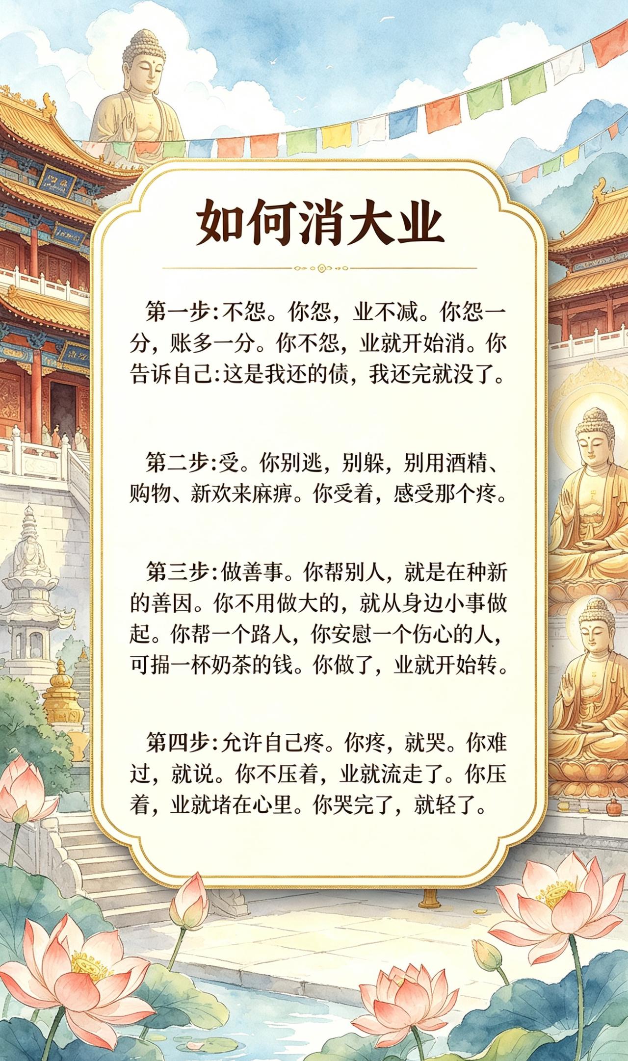 老师父说：想消大业需要
接纳苦难不抱怨，直面伤痛不逃避，行善利他积福报，释放情绪