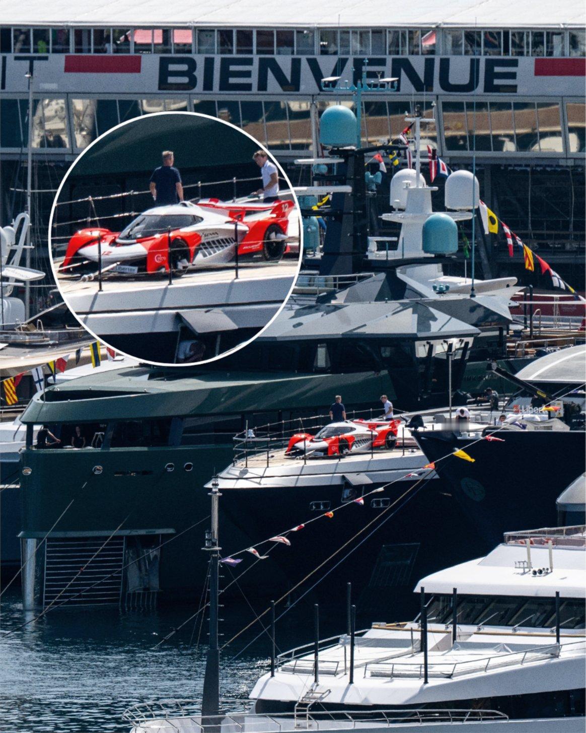 F1 本周末，在摩纳哥港口停放的Sarastar号游艇的甲板上摆放一辆稀有超跑—