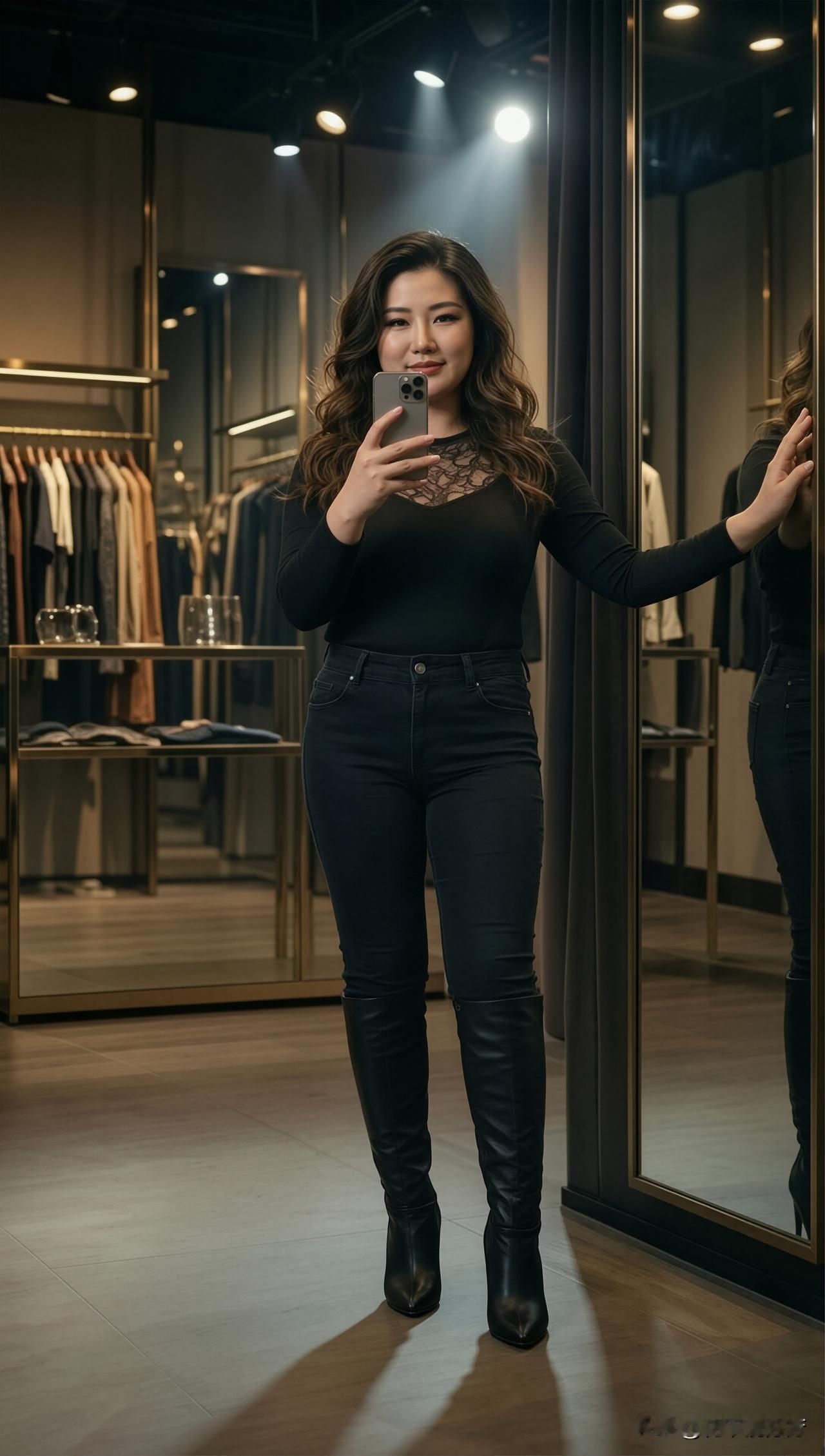 当神秘优雅的黑色蕾丝上衣邂逅修身牛仔裤，再配上一双气场全开的过膝长靴，酷感与女人