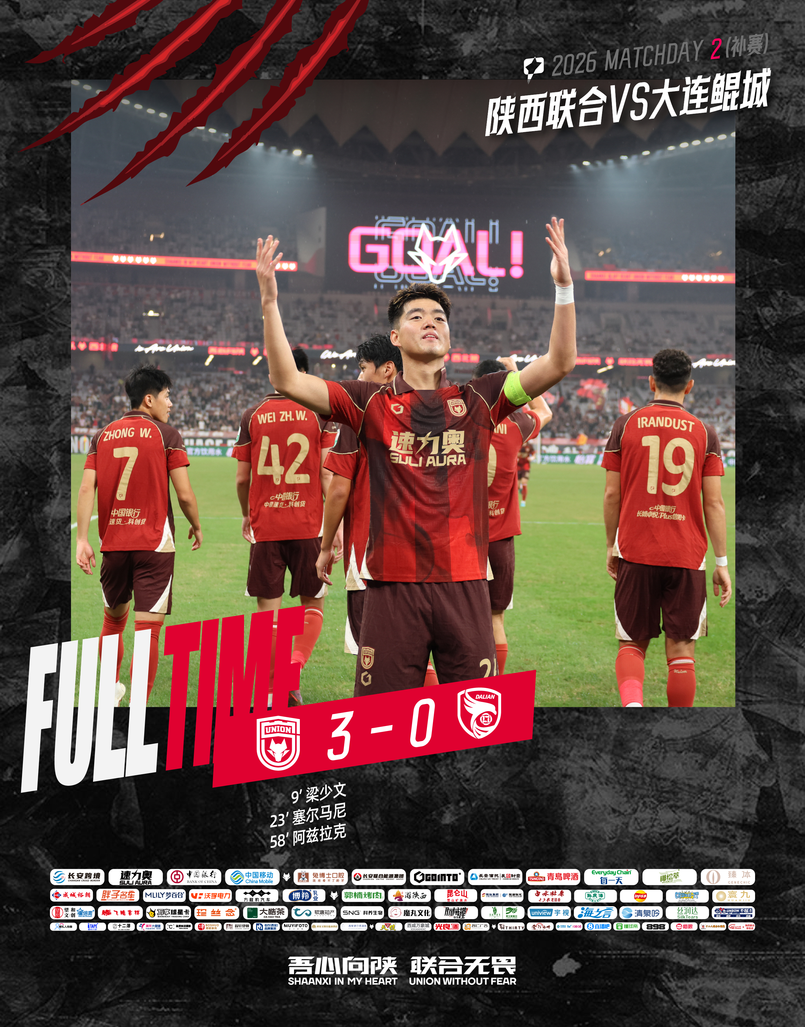 FULL TIME 🔺中甲第2轮补赛陕西联合主场3:0战胜大连鲲城梁少文 塞尔