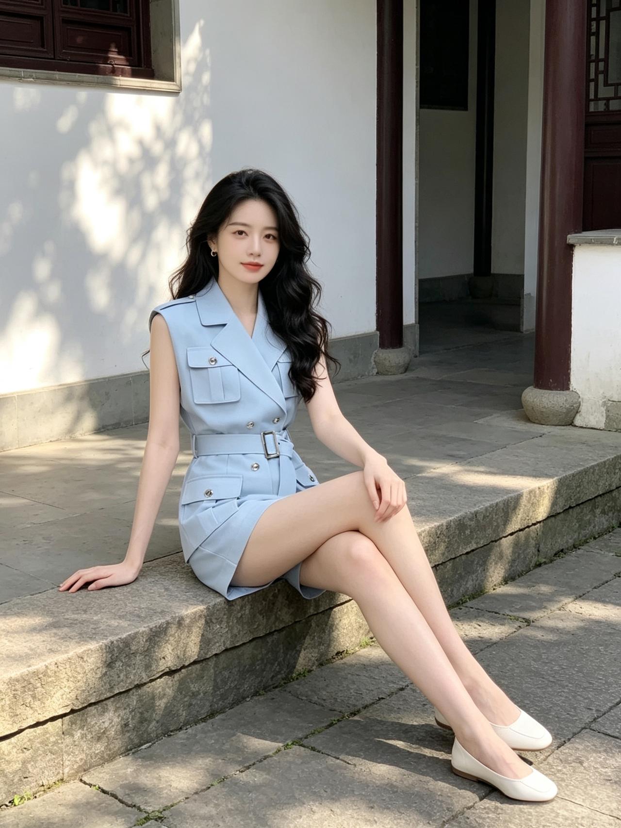 什么样的穿搭能衬出气质女神感?阳光斑驳洒下，浅蓝工装裙太显白啦！俏皮又干练，今日