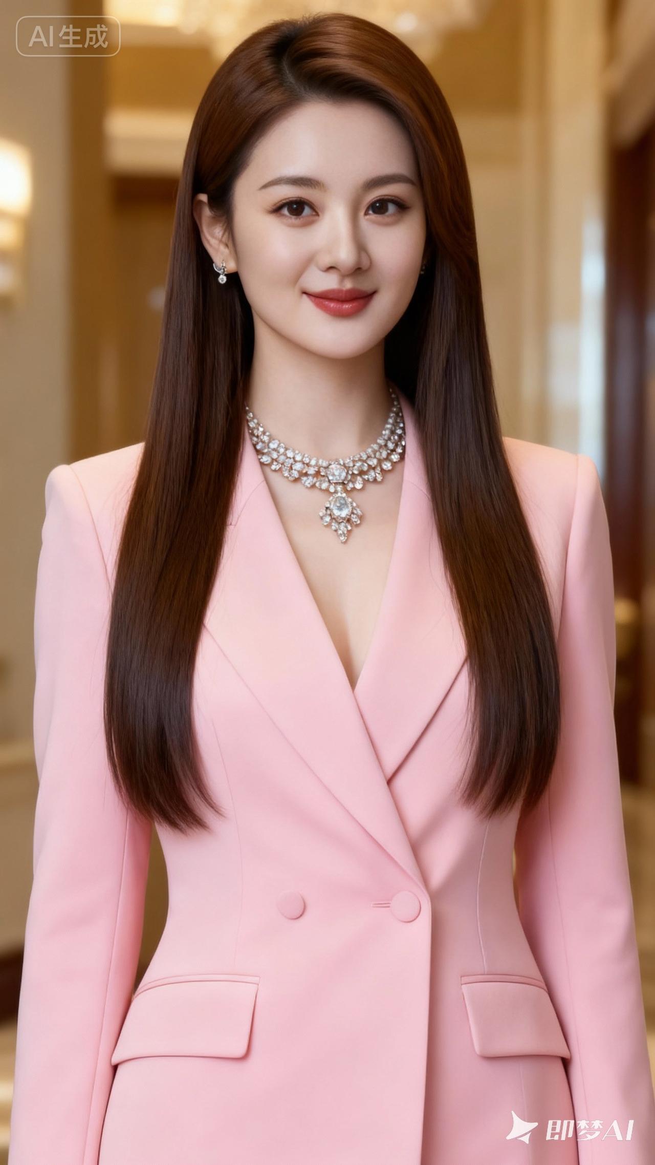 蓝光 高个 大眼睛 棕色长直发 粉色色职业套装 脖颈名贵珠宝 高贵高颜妆容