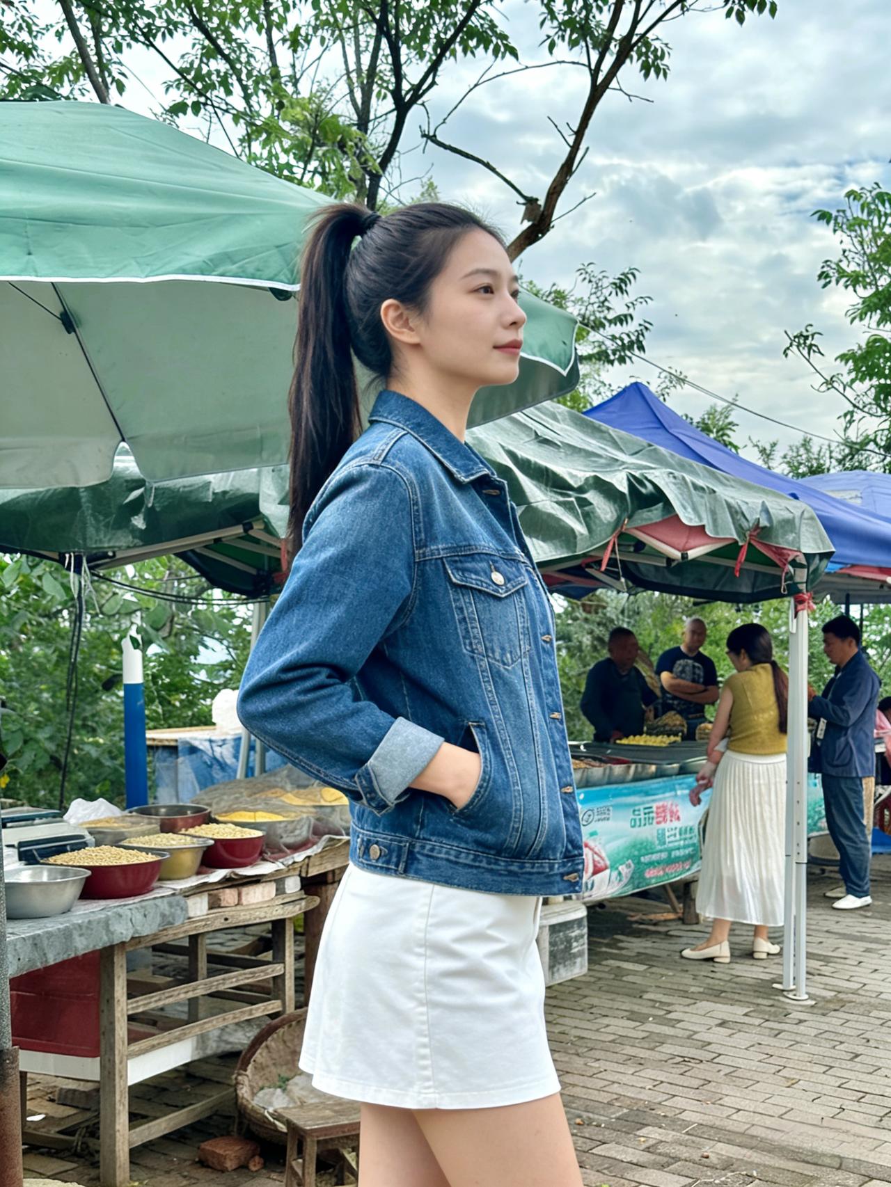 野市开林麓，晴光覆绿篷。
摊陈千谷实，人语杂西东。
蓝衣凝娇态，白裙漾软风。
嫣