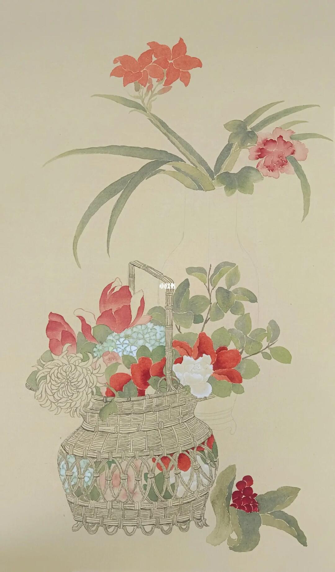 没骨画‖清供花篮图