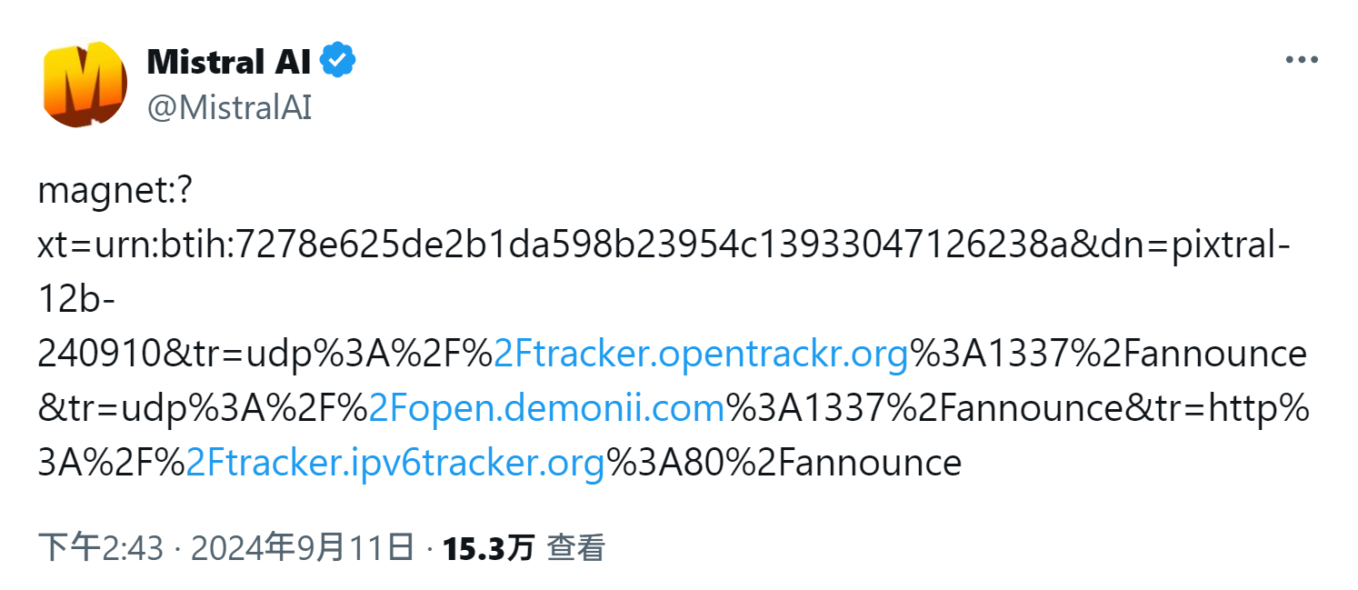 Mistral AI发新模型了。还是只发了个磁力链接，其他啥也没说。据说下载后的