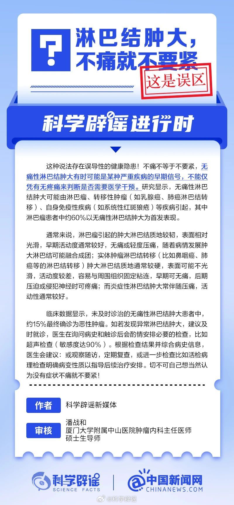 科学辟谣进行时 【淋巴结肿大，不痛就不要紧？】这种说法存在误导性的健康隐患！不痛