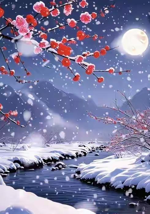 梅花欢喜漫天雪，
飘飘洒洒降人间。
忽如一夜春风来，
千树万树梨花开。