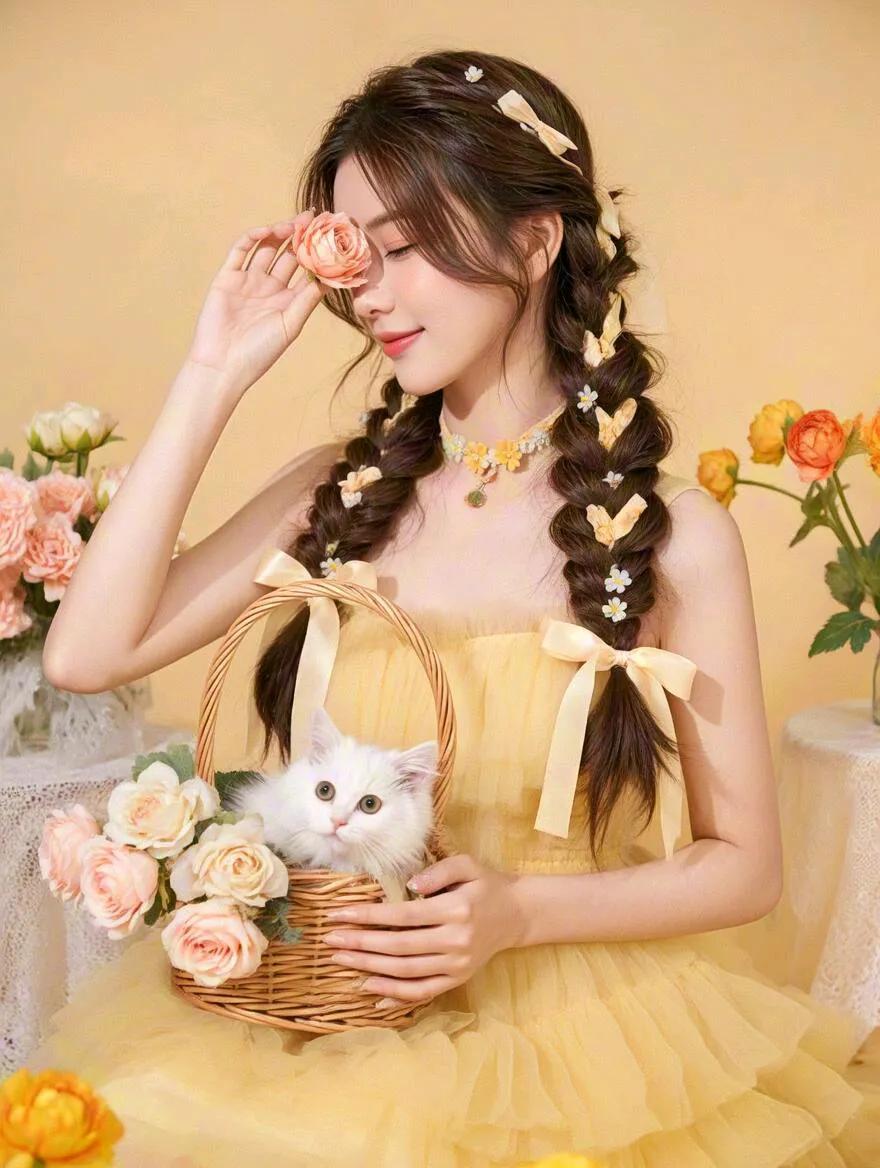 梦幻少女与萌猫花海中的温馨时光甜美花猫 可萌可爱少女感穿搭