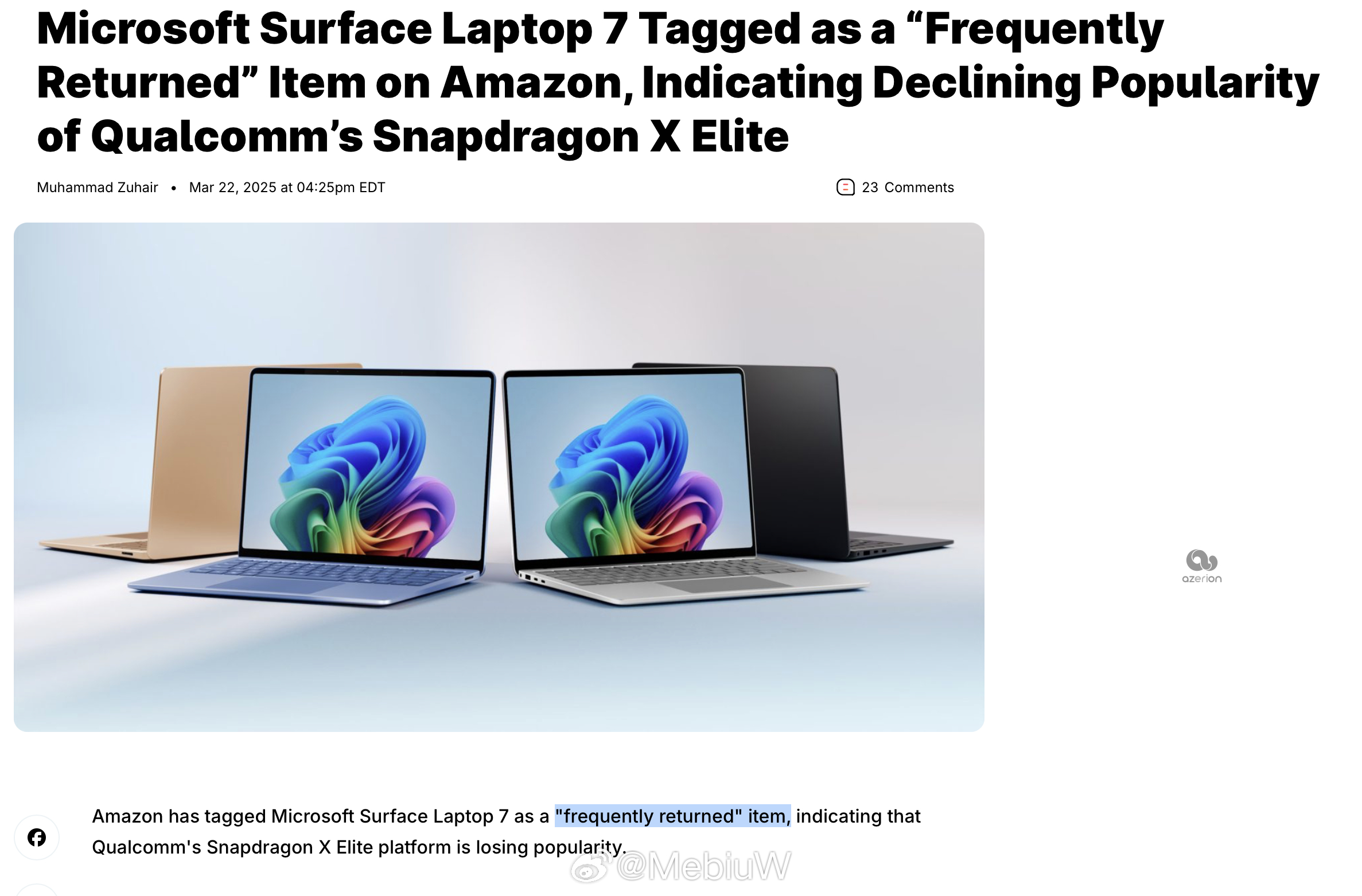 微软的高通骁龙版 Surface Laptop 7 在亚马逊上已经被贴上经常被退