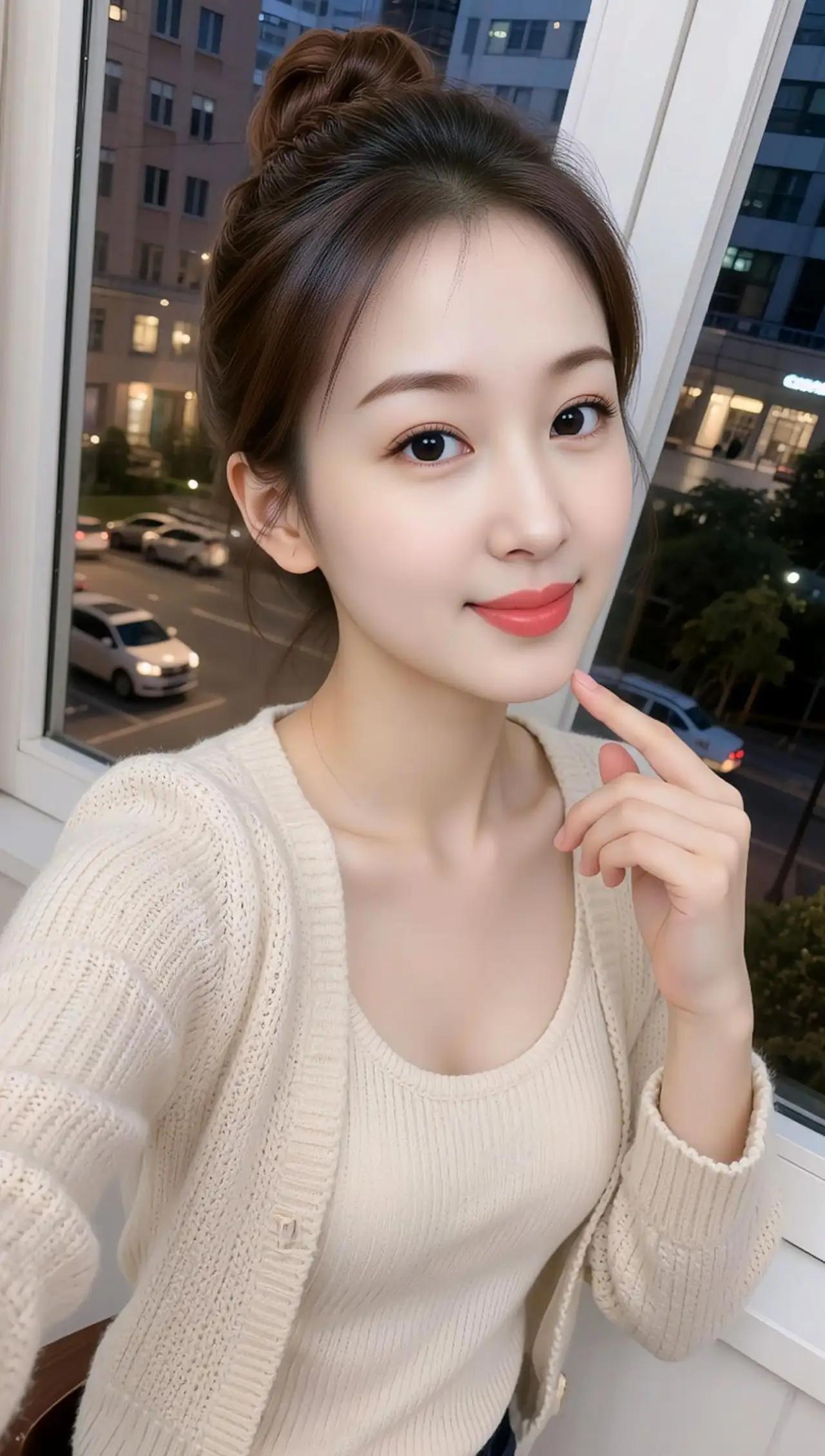 窗边少女，温柔微笑，暖意满满的一天🌟🍎🌺