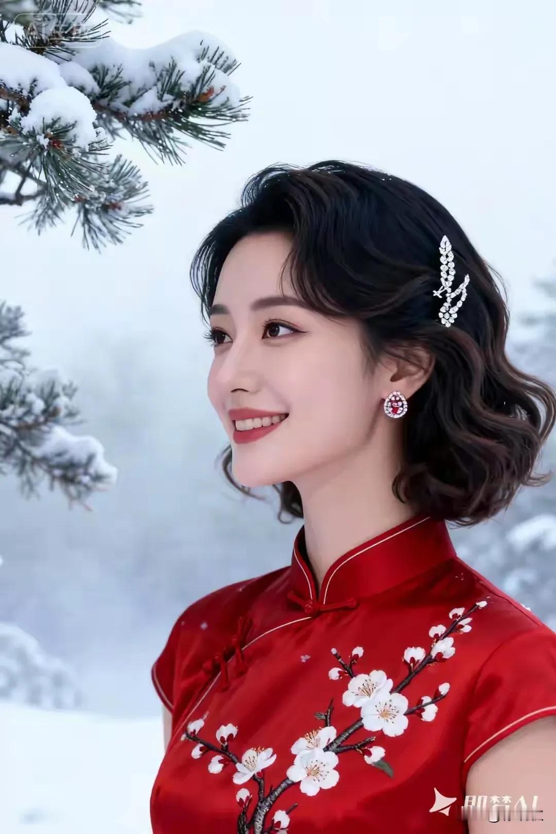 瑞雪悠悠天地来，
银装素裹映楼台。
冰封梅蕊香忧在，
冬雪里的一抹红，
缎梅白，