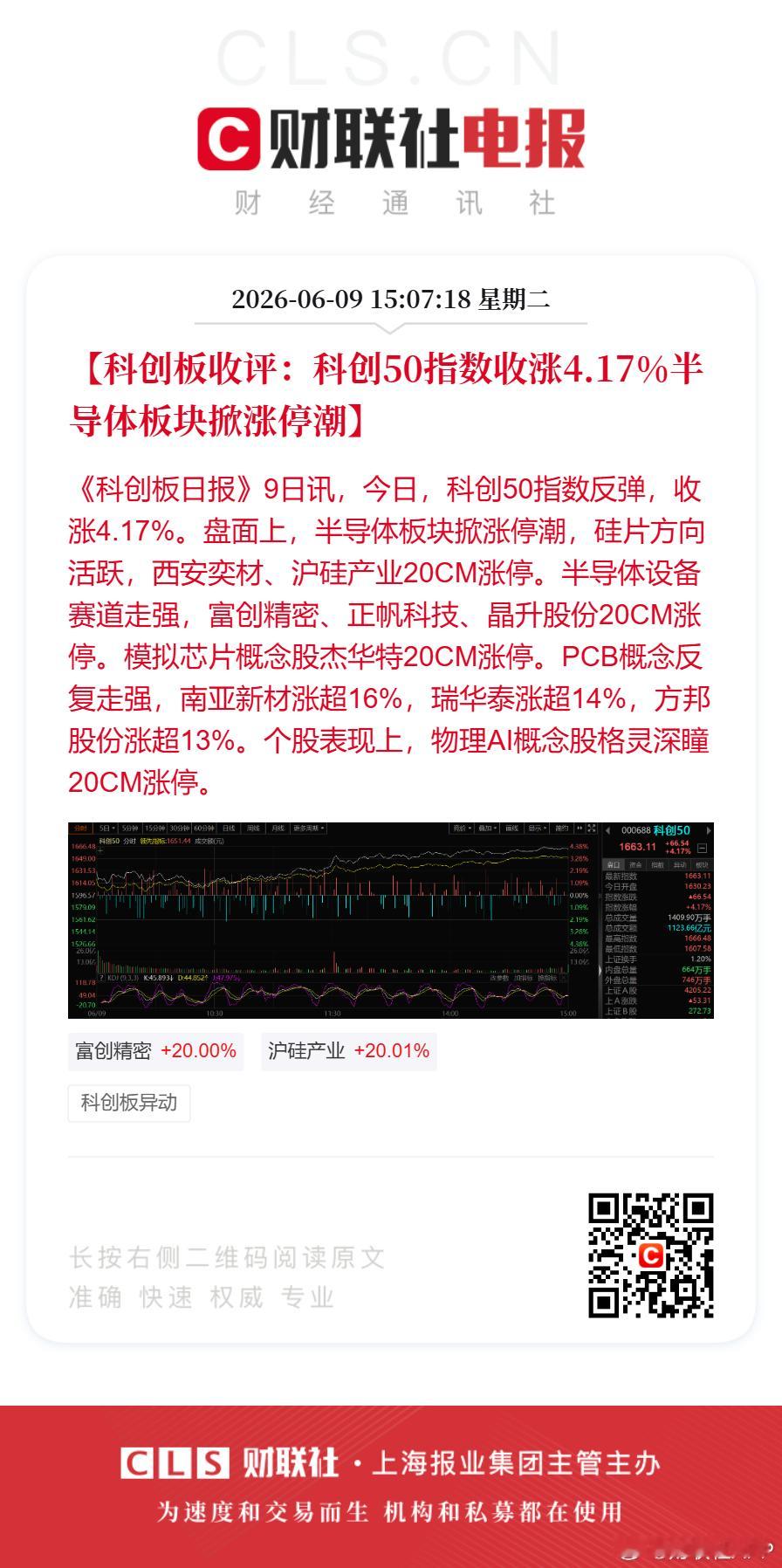科创50指数收涨4.17%半导体掀涨停潮【科创板收评：科创50指数收涨4.17%
